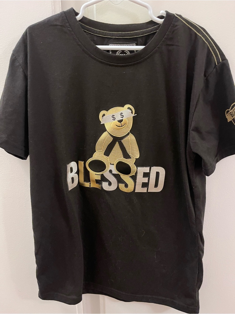 CR24 Kids Black 'Blessed' Teddy Graphic Tee - Gold Accent - Size 10-12